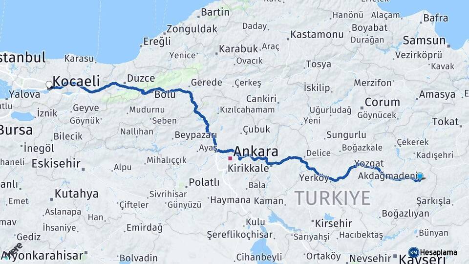 Yozgat Akdağmadeni Kocaeli Arası Kaç Km - Yol Haritası