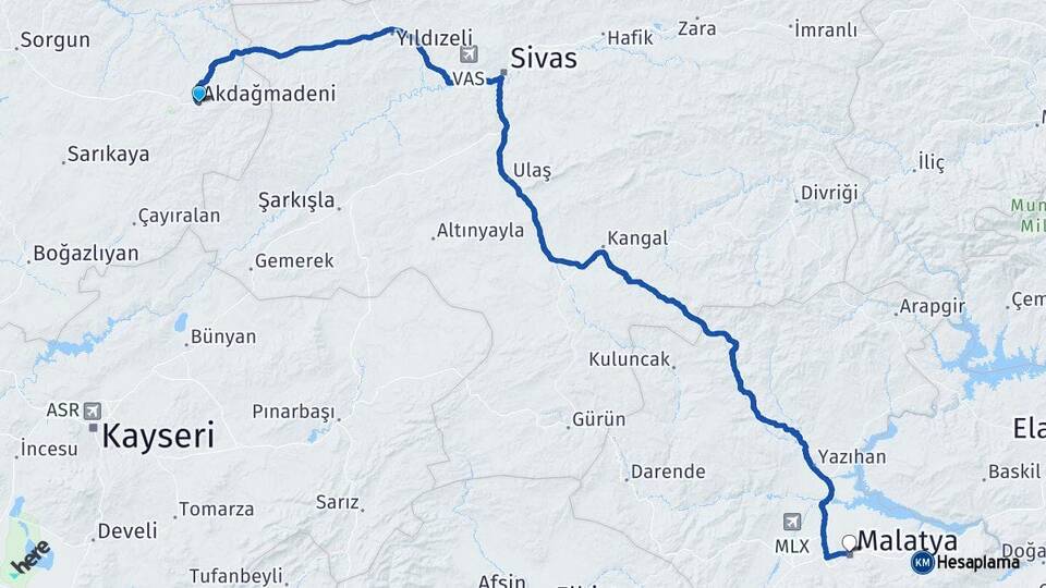 Yozgat Akdağmadeni Malatya Arası Kaç Km - Yol Haritası