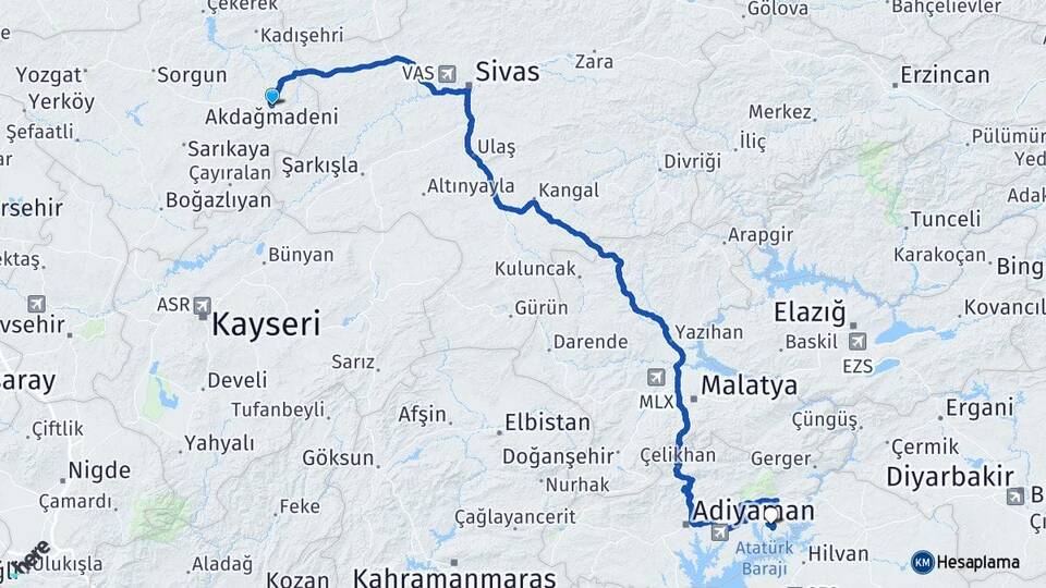 Yozgat Akdağmadeni Menzil Kahta Adıyaman Arası Kaç Km - Yol Haritası