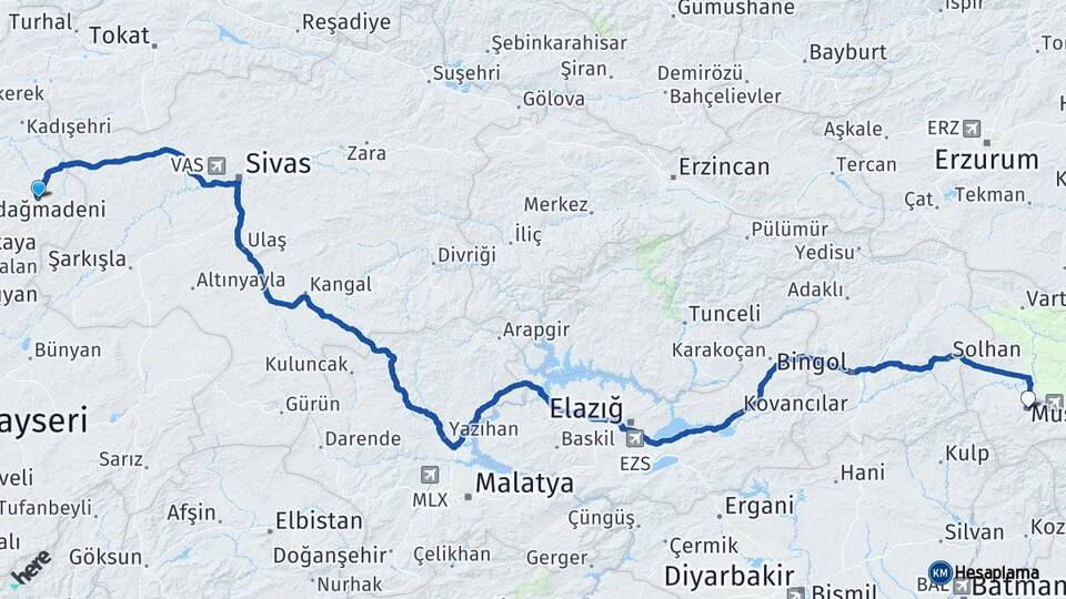 Yozgat Akdağmadeni Muş Arası Kaç Km - Yol Haritası