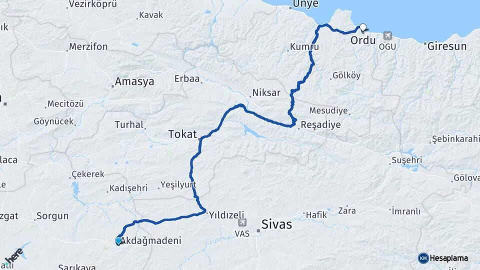 Yozgat Akdağmadeni Ordu Arası Kaç Km - Yol Haritası