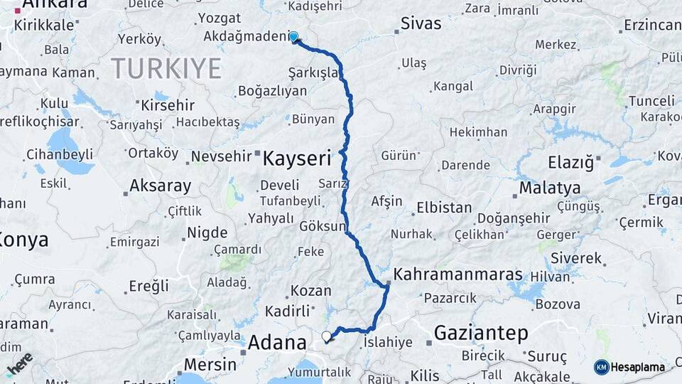 Yozgat Akdağmadeni Osmaniye Arası Kaç Km - Yol Haritası