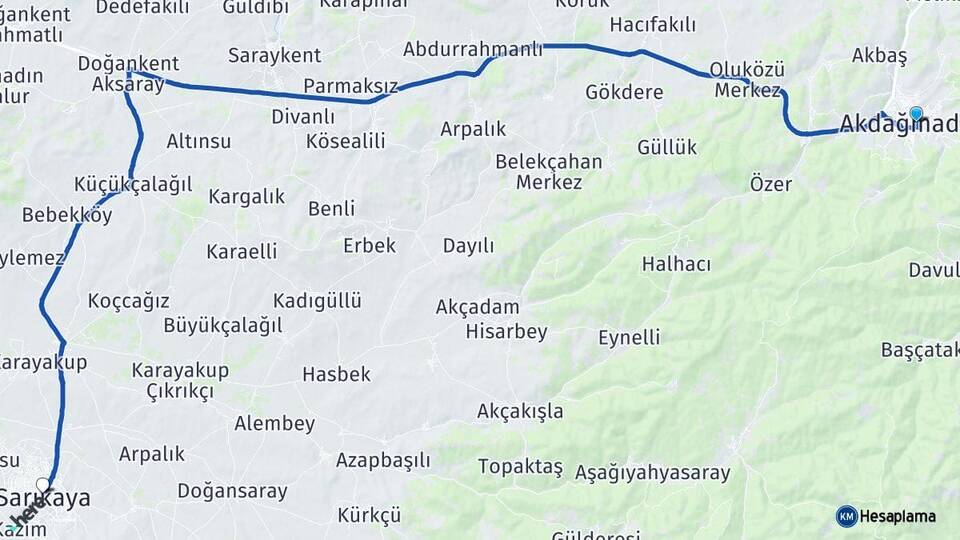 Yozgat Akdağmadeni Sarıkaya Arası Kaç Km - Yol Haritası