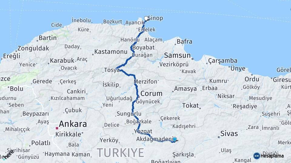 Yozgat Akdağmadeni Sinop Arası Kaç Km - Yol Haritası