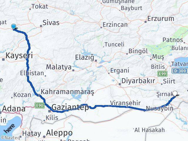Yozgat Akdağmadeni Şırnak Arası Kaç Km - Yol Haritası
