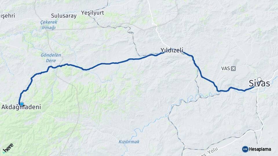Yozgat Akdağmadeni Sivas Arası Kaç Km - Yol Haritası