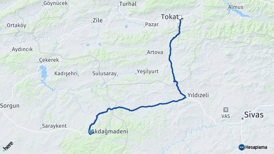 Yozgat Akdağmadeni Tokat Arası Kaç Km - Yol Haritası