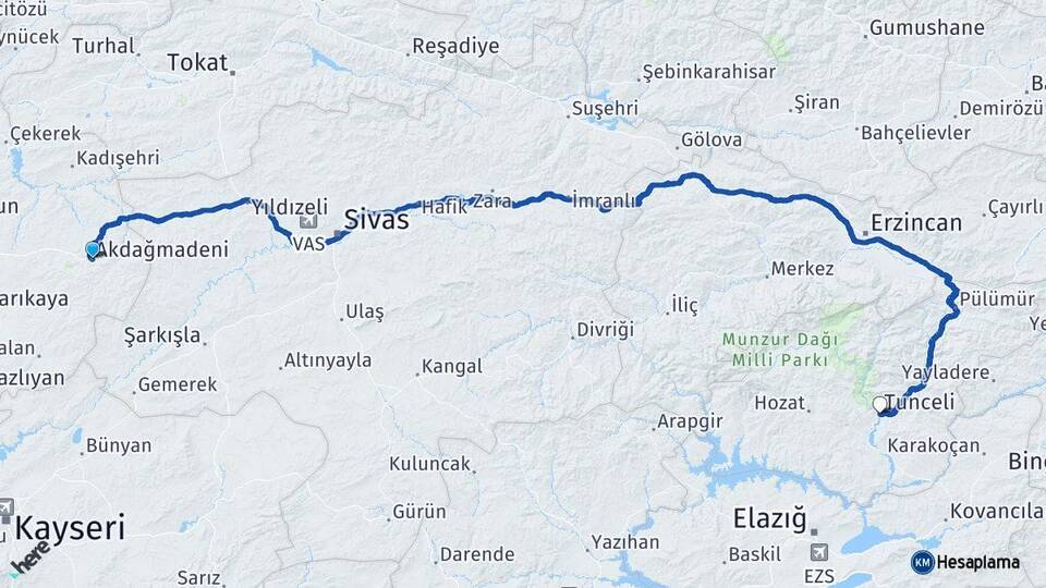 Yozgat Akdağmadeni Tunceli Arası Kaç Km - Yol Haritası