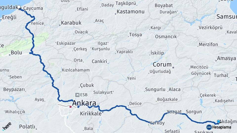 Yozgat Akdağmadeni Zonguldak Arası Kaç Km - Yol Haritası
