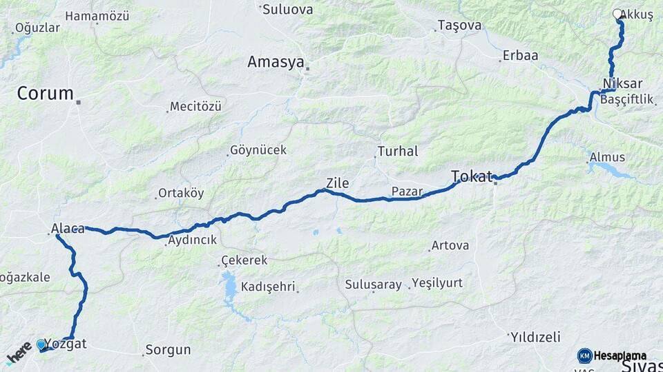 Yozgat Akkuş Ordu Arası Kaç Km - Yol Haritası