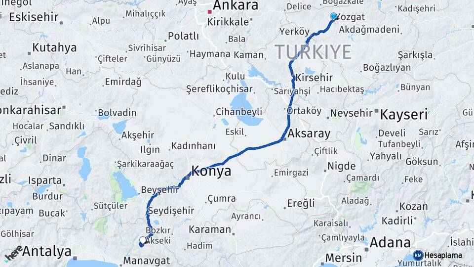 Yozgat Akseki Antalya Arası Kaç Km - Yol Haritası