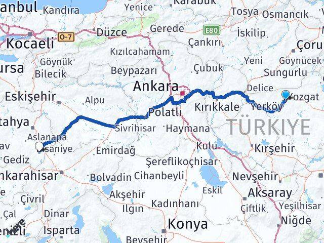 Yozgat Altıntaş Kütahya Arası Kaç Km - Yol Haritası