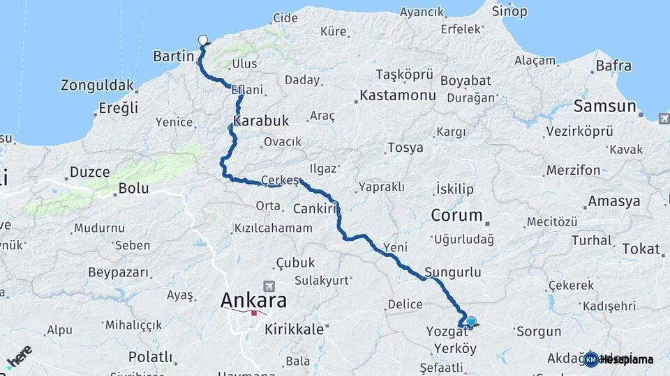 Yozgat Amasra Bartın Arası Kaç Km - Yol Haritası