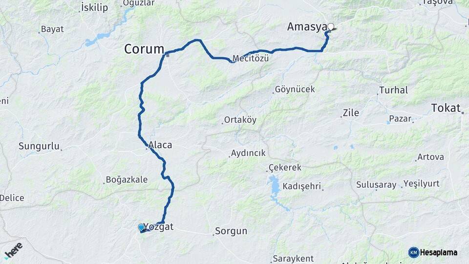 Yozgat Amasya Arası Kaç Km - Yol Haritası