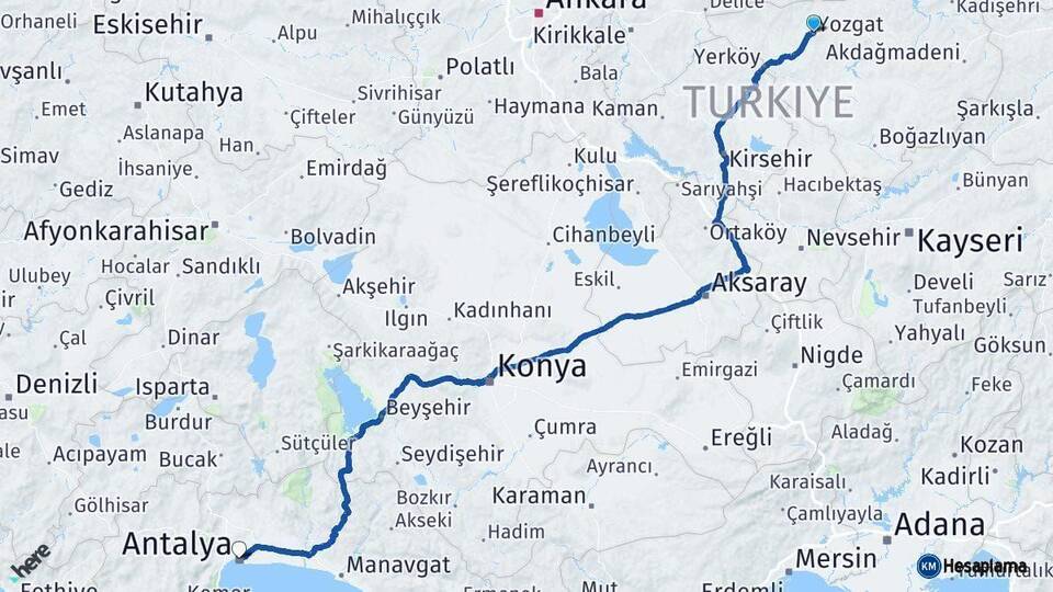 Yozgat Antalya Arası Kaç Km - Yol Haritası