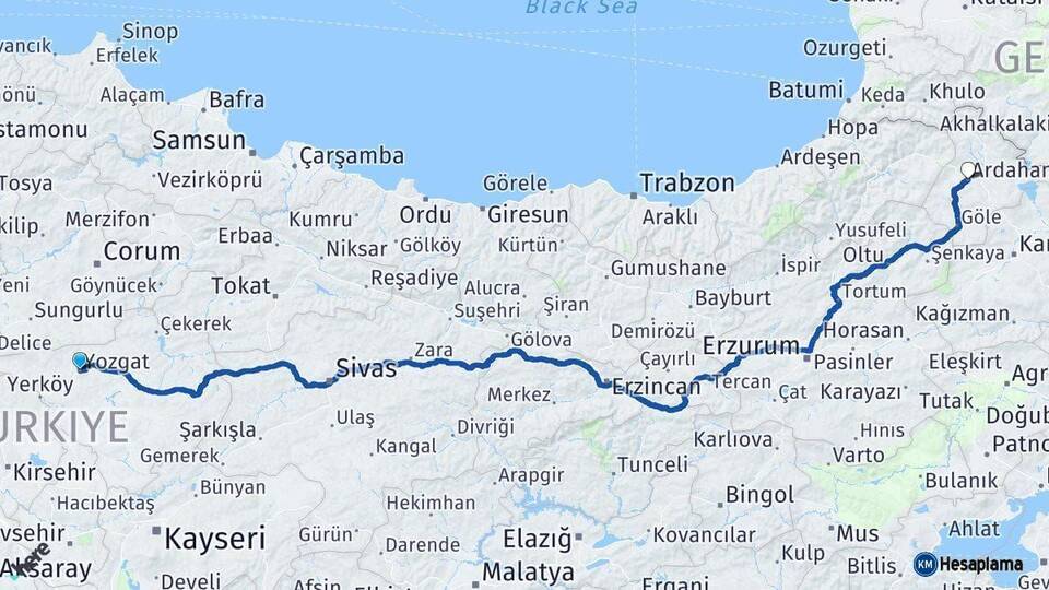 Yozgat Ardahan Arası Kaç Km - Yol Haritası