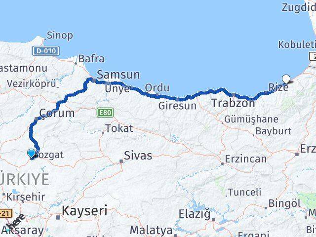 Yozgat Ardeşen Rize Arası Kaç Km - Yol Haritası
