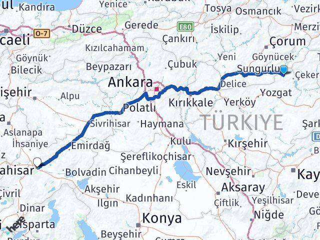 Yozgat Aydıncık Afyonkarahisar Arası Kaç Km - Yol Haritası