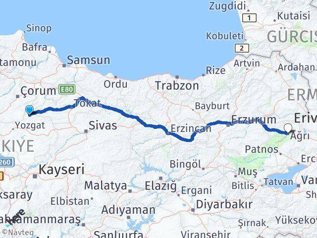 Yozgat Aydıncık Ağrı Arası Kaç Km - Yol Haritası