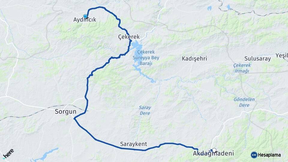 Yozgat Aydıncık Akdağmadeni Arası Kaç Km - Yol Haritası