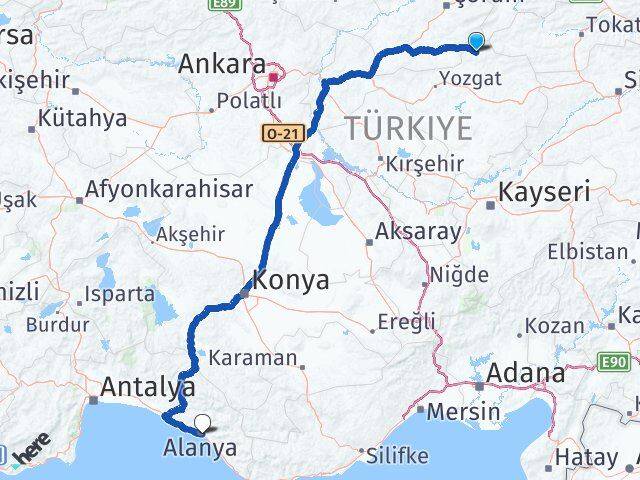 Yozgat Aydıncık Alanya Antalya Arası Kaç Km - Yol Haritası
