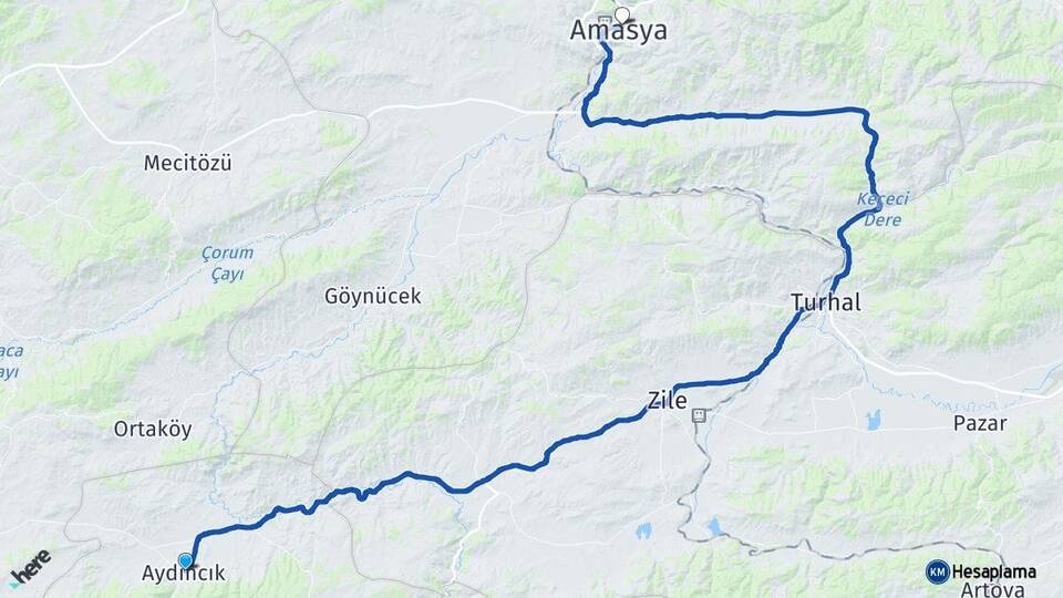 Yozgat Aydıncık Amasya Arası Kaç Km - Yol Haritası