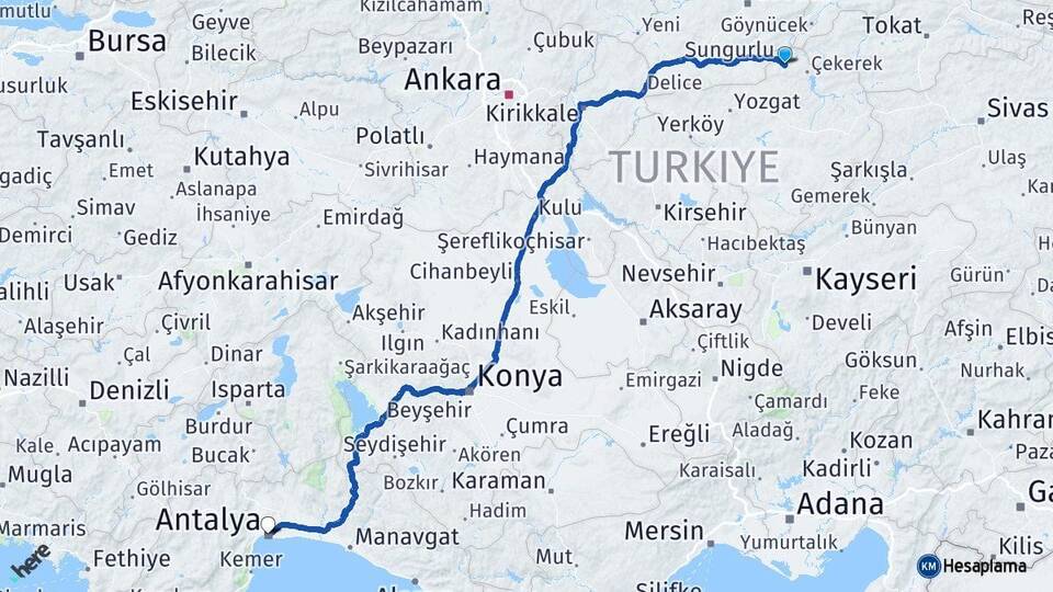 Yozgat Aydıncık Antalya Arası Kaç Km - Yol Haritası
