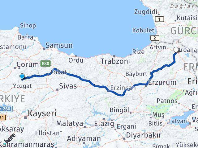 Yozgat Aydıncık Ardahan Arası Kaç Km - Yol Haritası