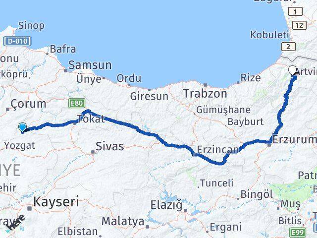 Yozgat Aydıncık Artvin Arası Kaç Km - Yol Haritası