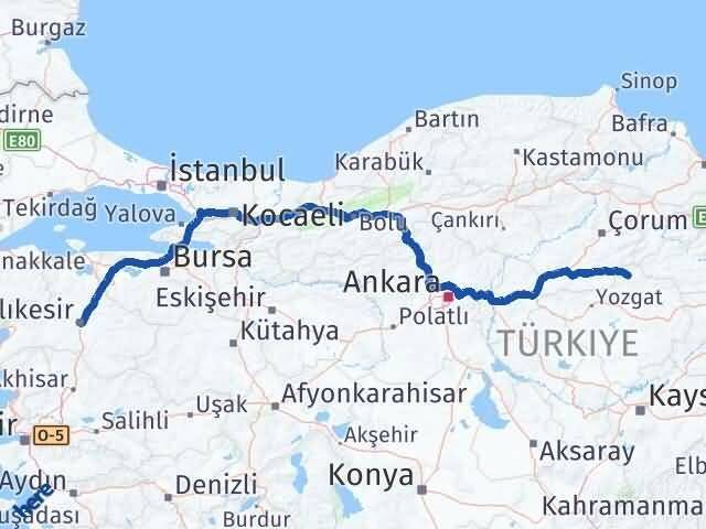 Yozgat Aydıncık Balıkesir Arası Kaç Km - Yol Haritası