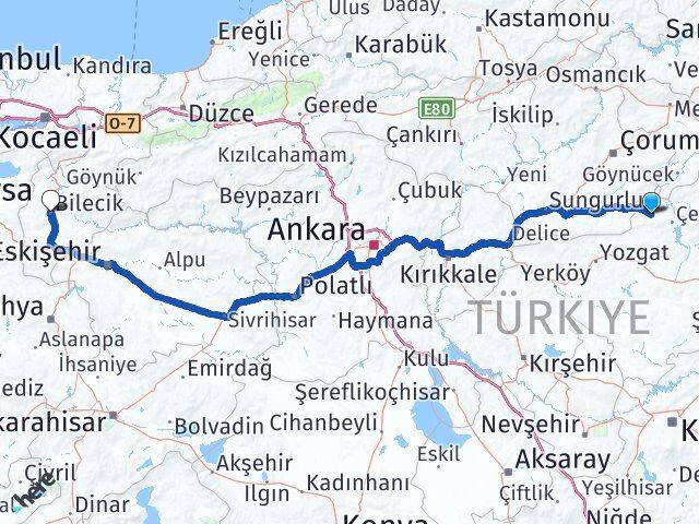 Yozgat Aydıncık Bilecik Arası Kaç Km - Yol Haritası