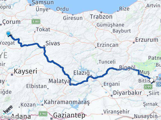 Yozgat Aydıncık Bitlis Arası Kaç Km - Yol Haritası