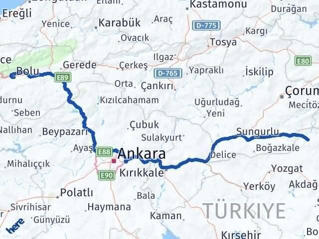 Yozgat Aydıncık Bolu Arası Kaç Km - Yol Haritası