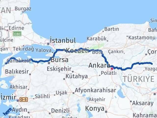 Yozgat Aydıncık Çanakkale Arası Kaç Km - Yol Haritası