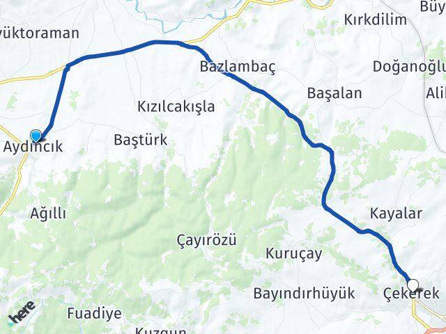 Yozgat Aydıncık Çekerek Arası Kaç Km - Yol Haritası