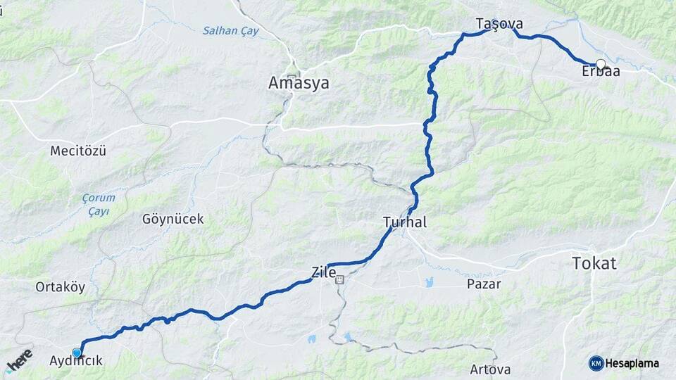 Yozgat Aydıncık Erbaa Tokat Arası Kaç Km - Yol Haritası