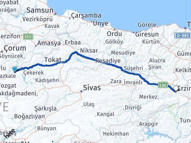 Yozgat Aydıncık Erzincan Arası Kaç Km - Yol Haritası