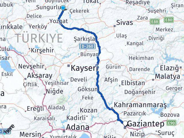 Yozgat Aydıncık Gaziantep Arası Kaç Km - Yol Haritası