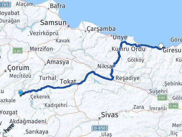 Yozgat Aydıncık Giresun Arası Kaç Km - Yol Haritası