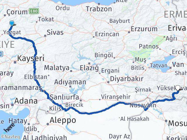 Yozgat Aydıncık Hakkari Arası Kaç Km - Yol Haritası