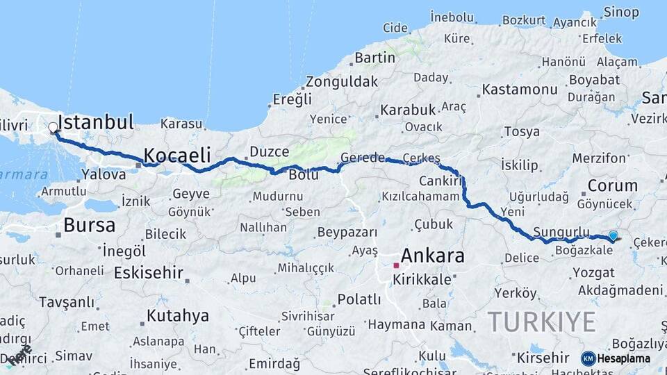 Yozgat Aydıncık İstanbul Arası Kaç Km - Yol Haritası