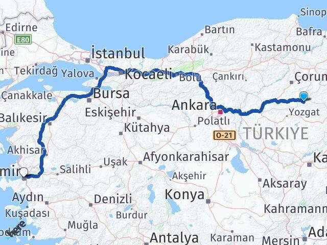 Yozgat Aydıncık İzmir Arası Kaç Km - Yol Haritası