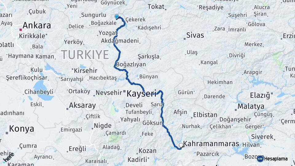 Yozgat Aydıncık Kahramanmaraş Arası Kaç Km - Yol Haritası