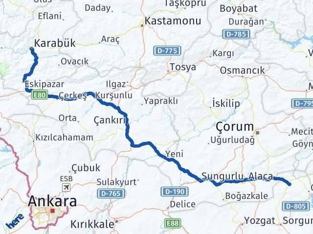 Yozgat Aydıncık Karabük Arası Kaç Km - Yol Haritası