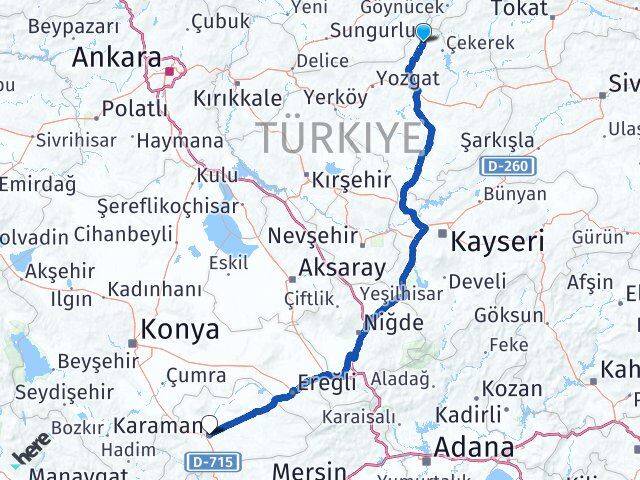 Yozgat Aydıncık Karaman Arası Kaç Km - Yol Haritası