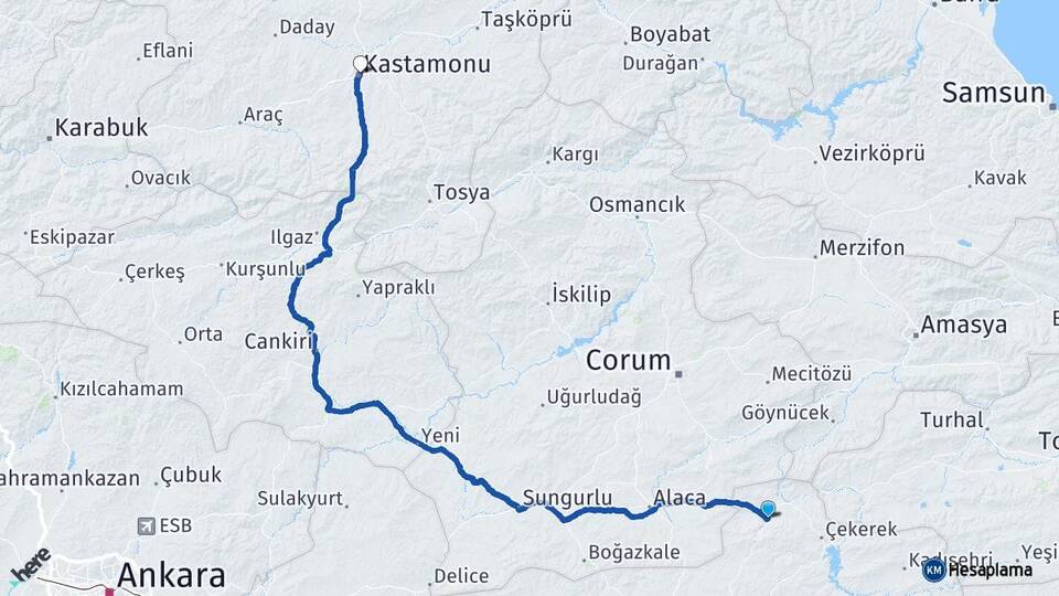 Yozgat Aydıncık Kastamonu Arası Kaç Km - Yol Haritası