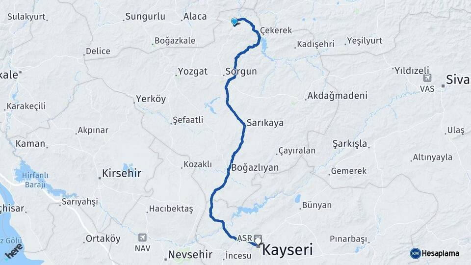 Yozgat Aydıncık Kayseri Arası Kaç Km - Yol Haritası