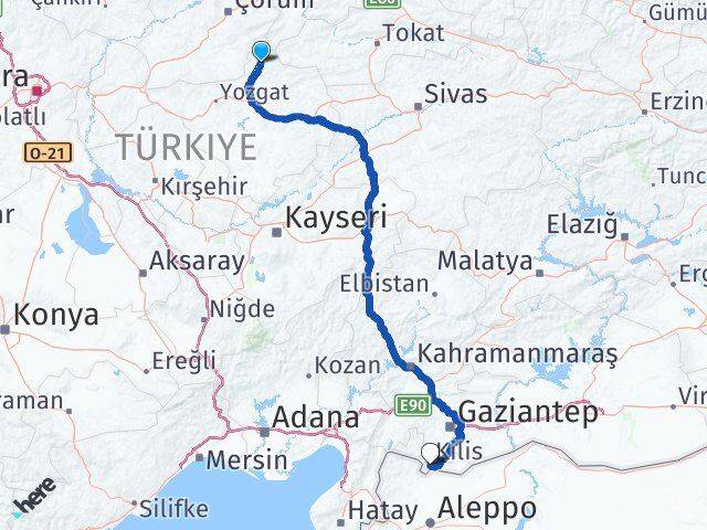 Yozgat Aydıncık Kilis Arası Kaç Km - Yol Haritası