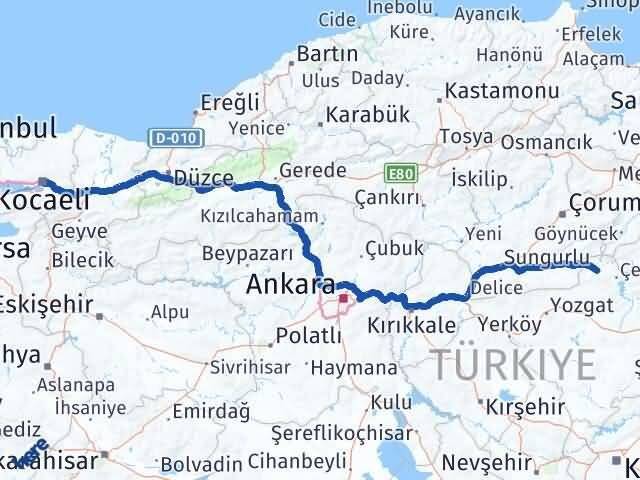 Yozgat Aydıncık Kocaeli Arası Kaç Km - Yol Haritası