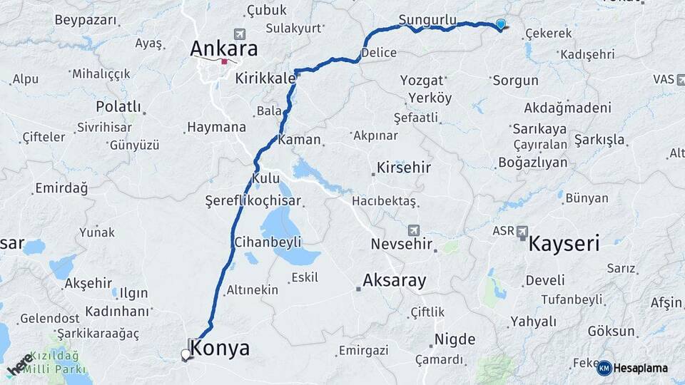 Yozgat Aydıncık Konya Arası Kaç Km - Yol Haritası